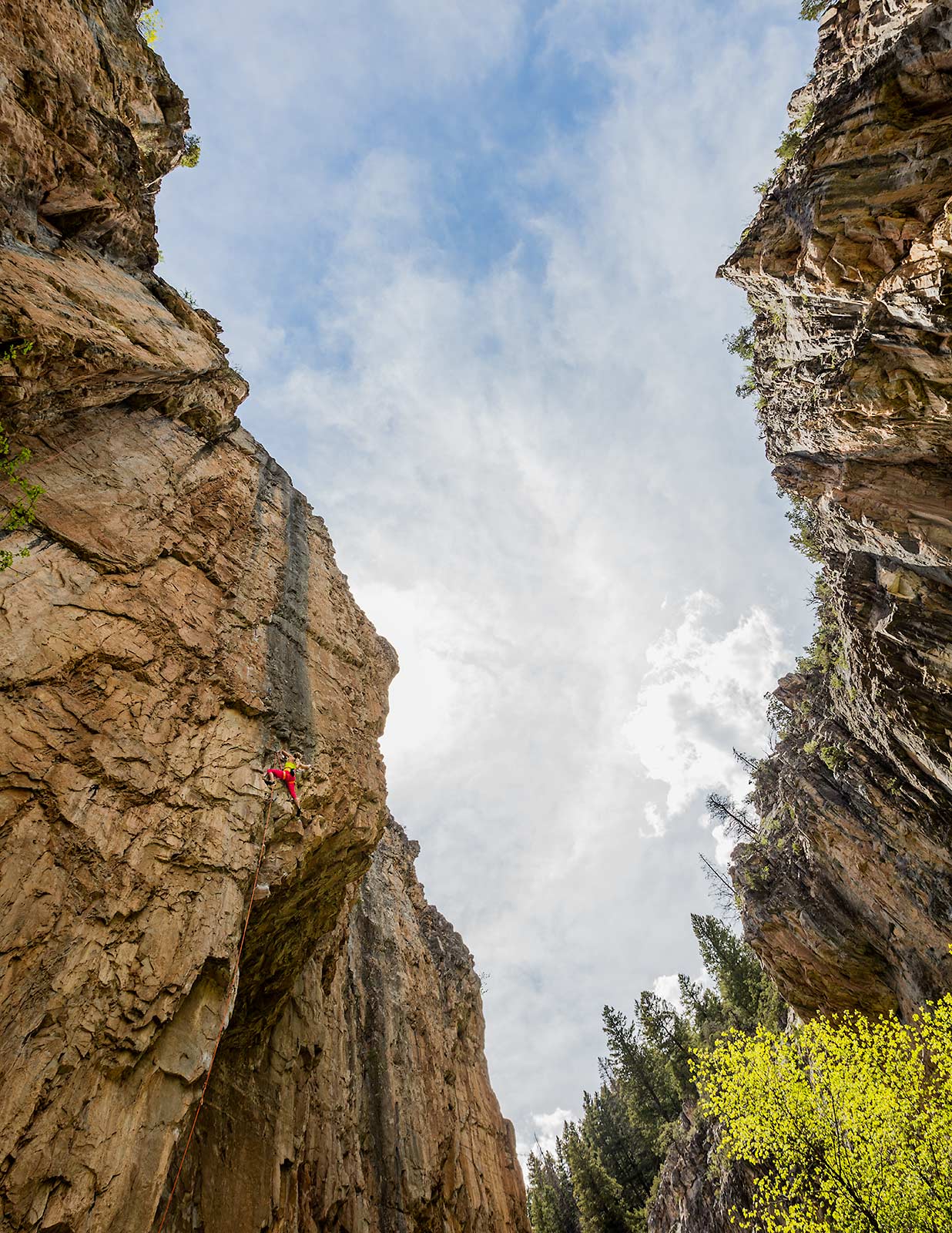 A unique perspective of a professional female rock climber ascending a rock wall