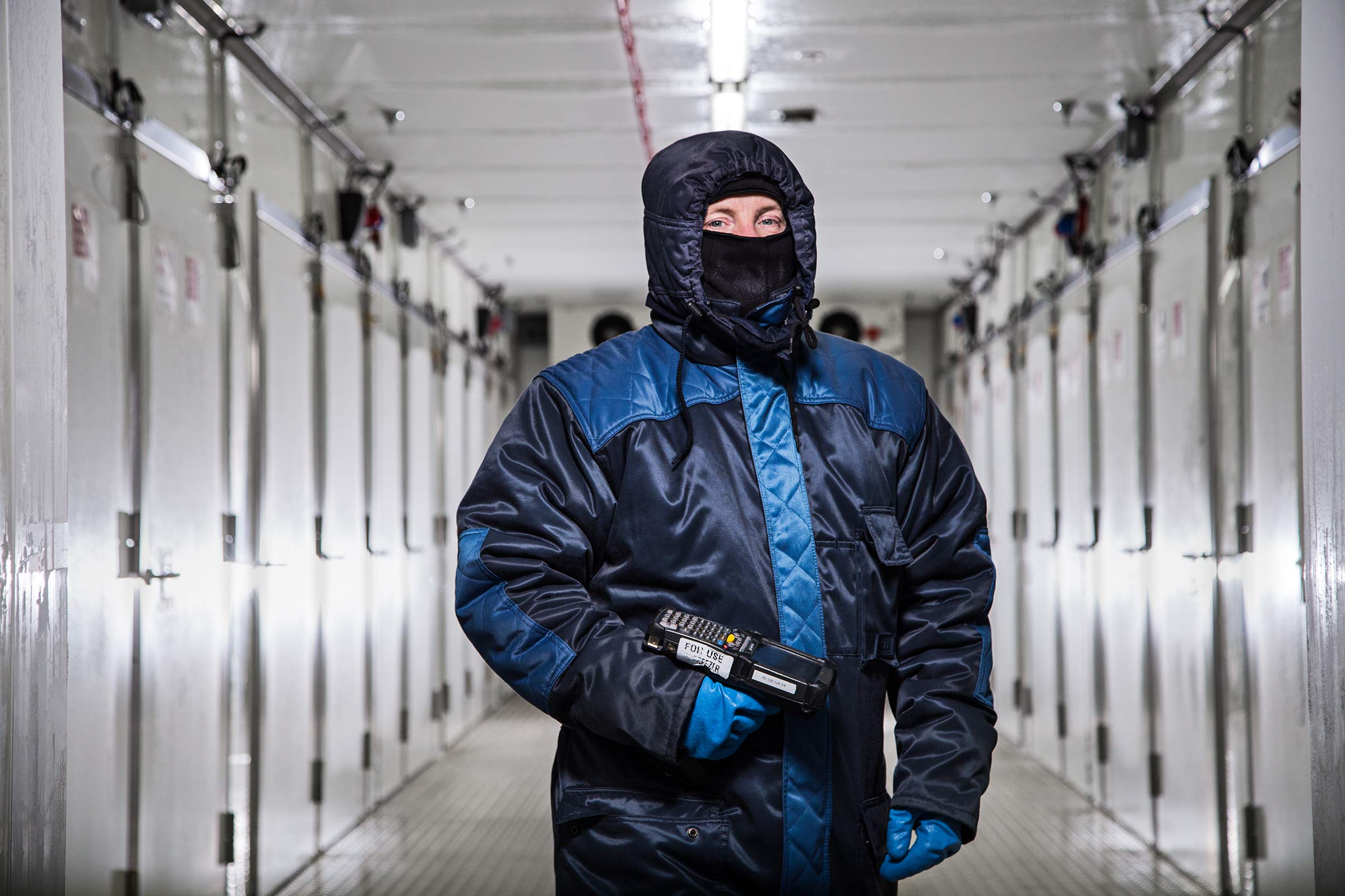 Portrait of a worker wearing protective suit in Subzero freezer Ireland