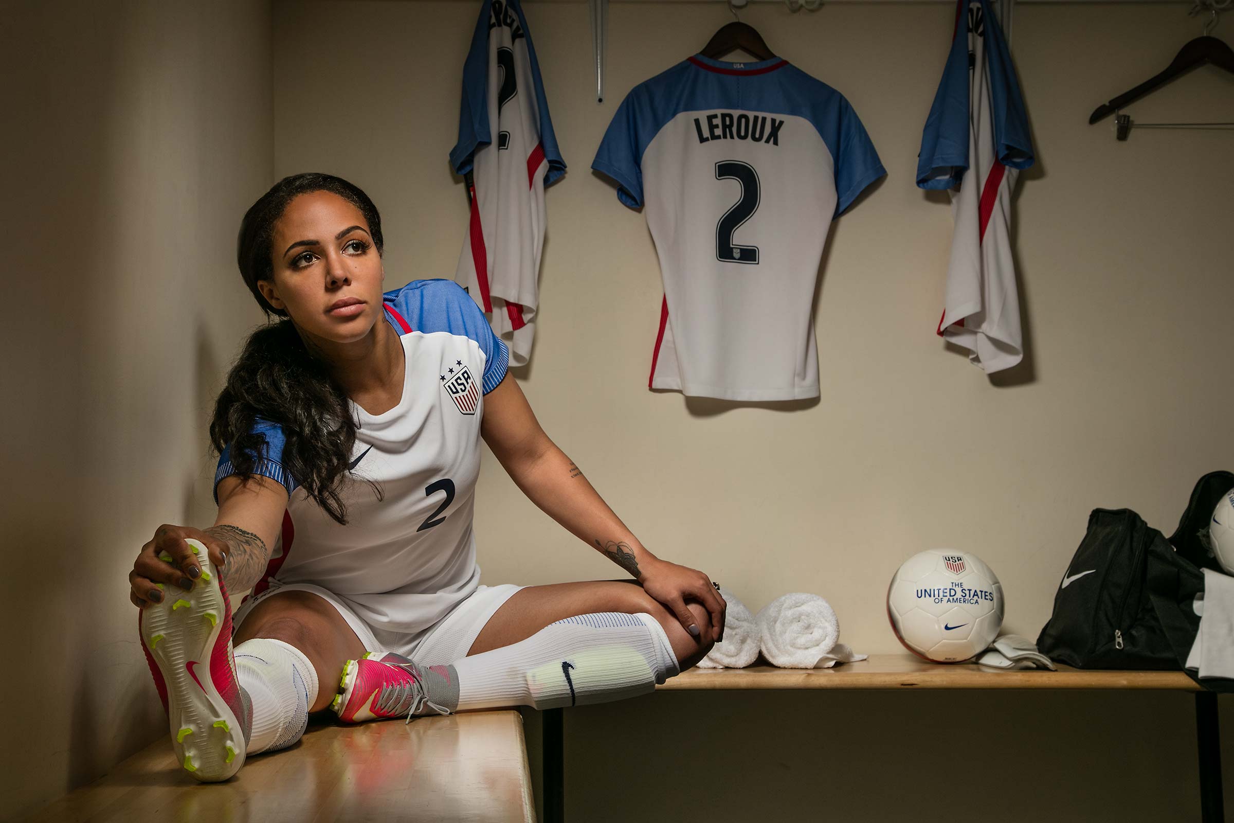 Portrait of Team USA Professional soccer player Sydney Leroux in Locker roo...