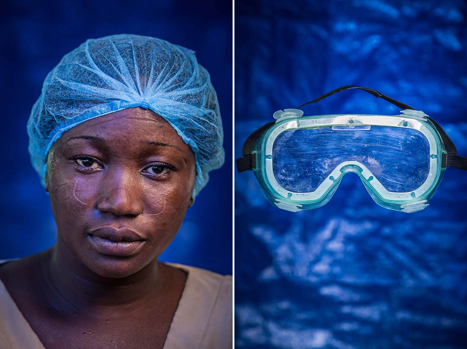 Portrait of weary staff member in Ebola Hospital on blue background 